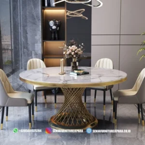 Set Meja Makan Marmer Bundar Stainless Gold