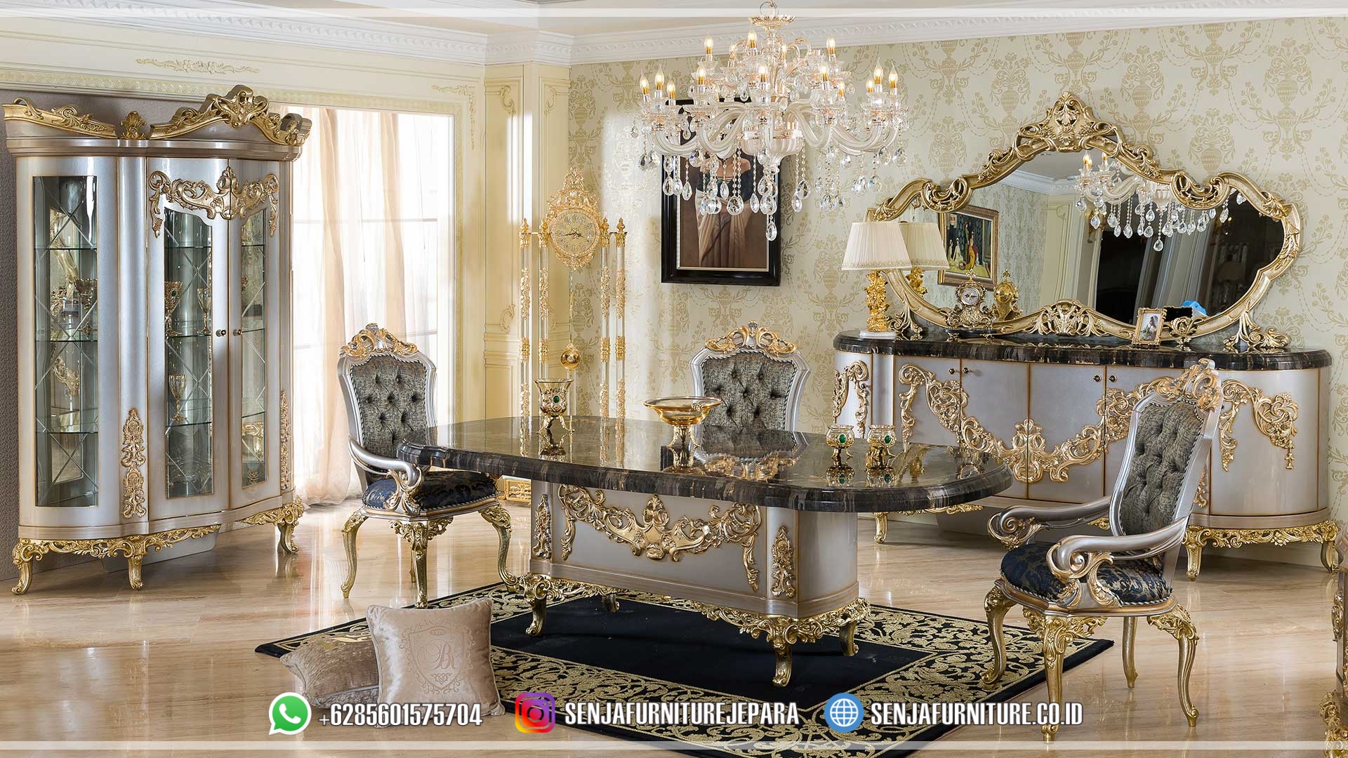 Meja Makan Mewah Custom Platinum Gold Elegan Miranda Meja Makan Mewah, Meja Makan Klasik, Meja Makan Kayu Jati, Meja Makan Minimalis, Ruang Makan Mewah, Meja Makan Mewah 4 Kursi, Meja Makan Mewah 6 Kursi, Meja Makan Mewah 8 Kursi, Meja Makan Mewah 10 Kursi, Meja Makan Mewah 12 Kursi, Meja Makan Klasik Eropa, Kursi Makan Mewah, Meja Makan Jepara